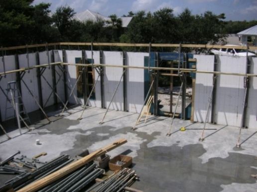 ICF walls braced with wood while the foam forms stay in place